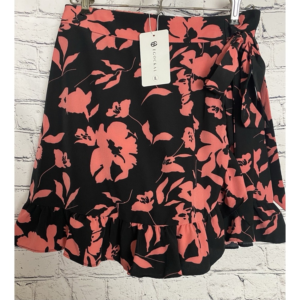 NWT Egockal Women's Black Coral Ruffle Skirt‎ Short L Floral Tropica Resort Wear